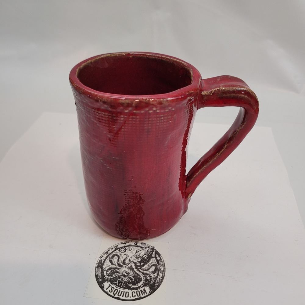 Studio Pottery Coffee Mug Red Glazed Textured Signed GUY Handcrafted